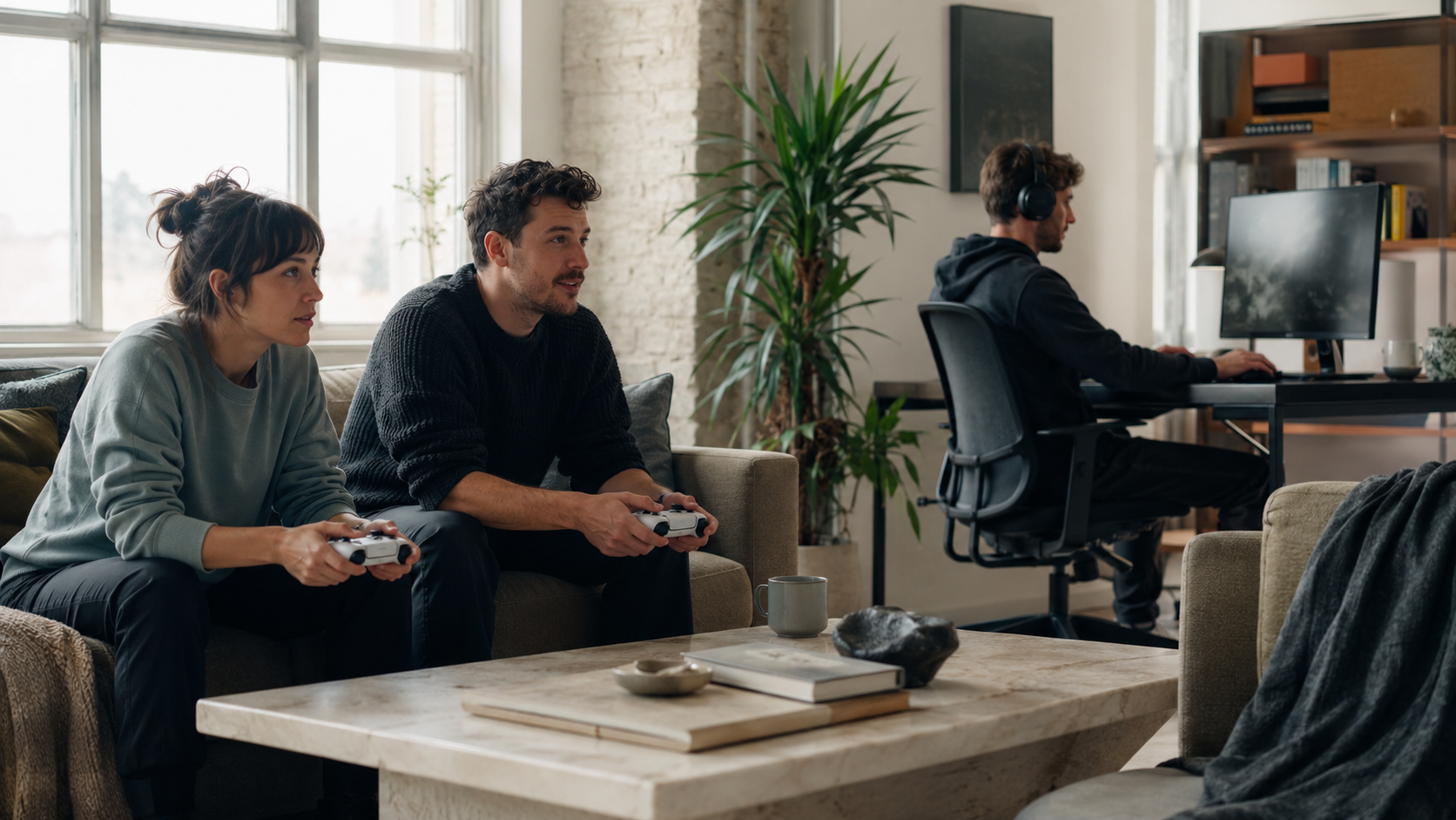 Friends enjoying multiplayer and single-player games together