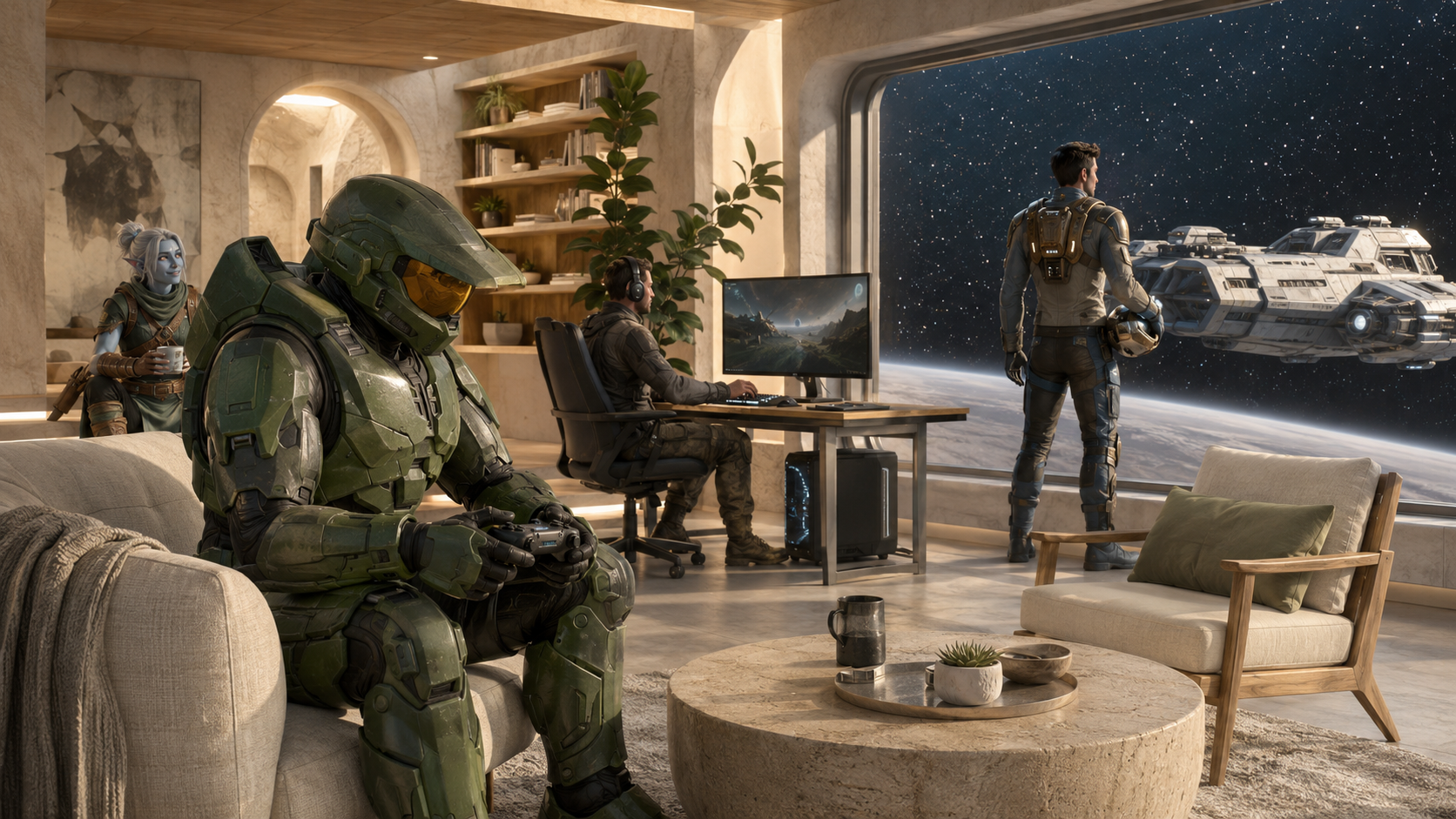 Gaming characters sharing a warm lounge, with console, PC, fantasy and space-game scenes