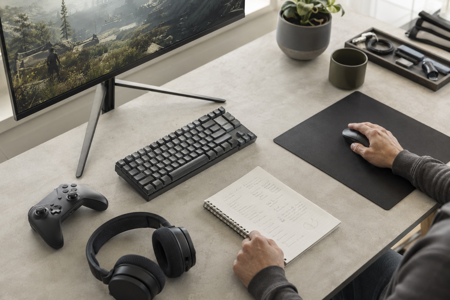Gaming technology being tested and reviewed at a bright desk