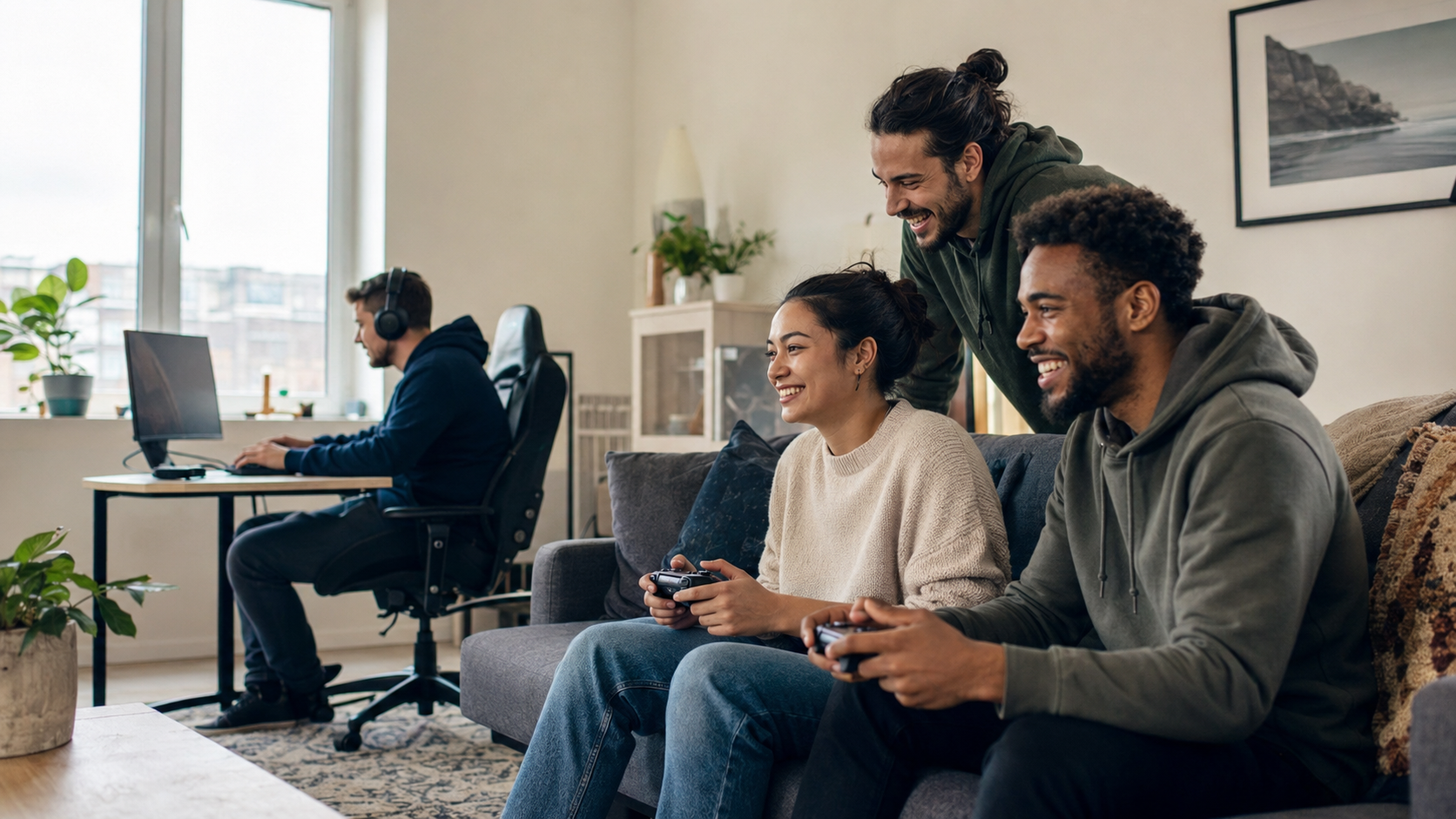 Friends relaxing and playing games together in a bright shared room